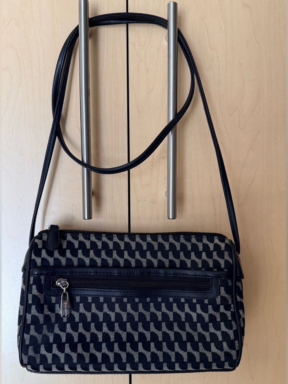 S COLLECTION Black and Beige Monogram Crossbody Bag with Silver Hardware